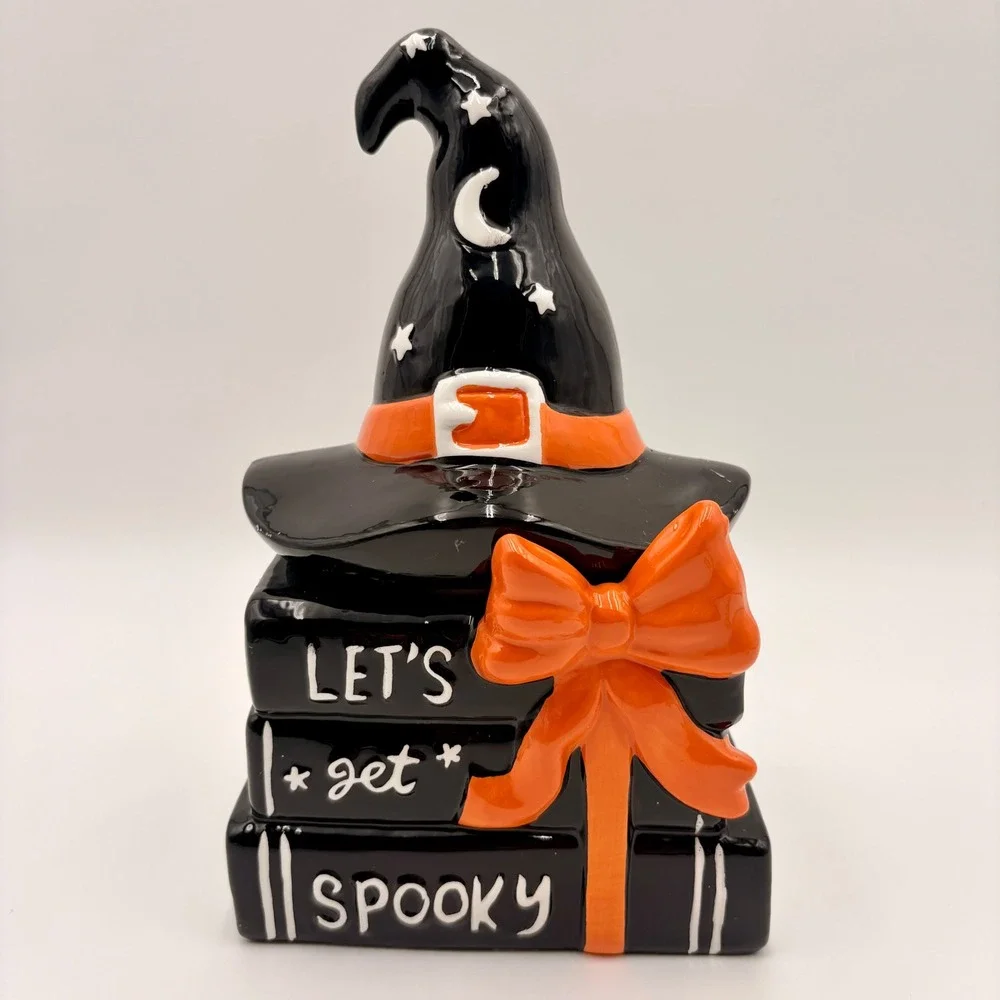 Halloween Ceramic Witch Hat Stacked Books Let's Get Spooky Candy Jar Black